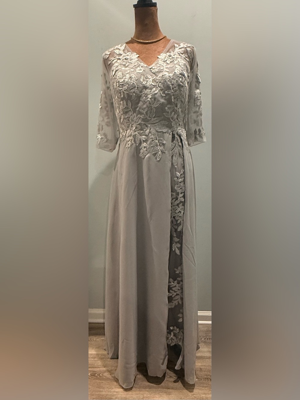 Silver Lace-Embellished V-Neck gown